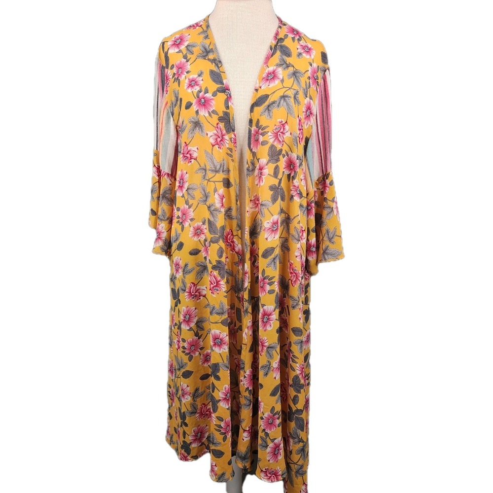Grace & Emma Women's Duster M/L Floral Yellow Pink Flowy Feminine Lightweight